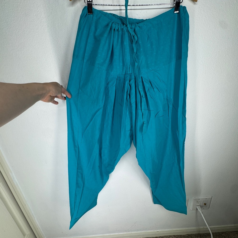 STOP Teal Blue Cotton Pleated Drawstring Pants Womens Large Boho HIppie Harem